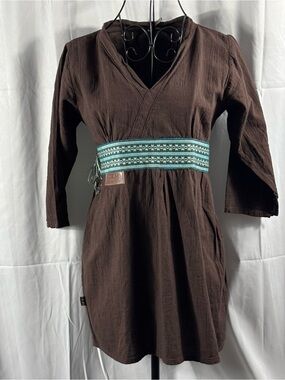 Brown Long-Sleeve V-Neck Dress with Teal Embroidered Waistband